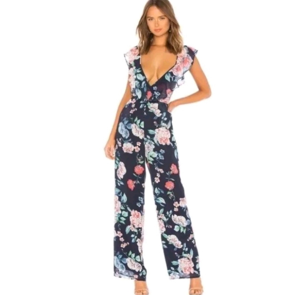 Yumi Kim Navy Sunny Days Floral Take Me Back Sleeveless Jumpsuit Size Medium